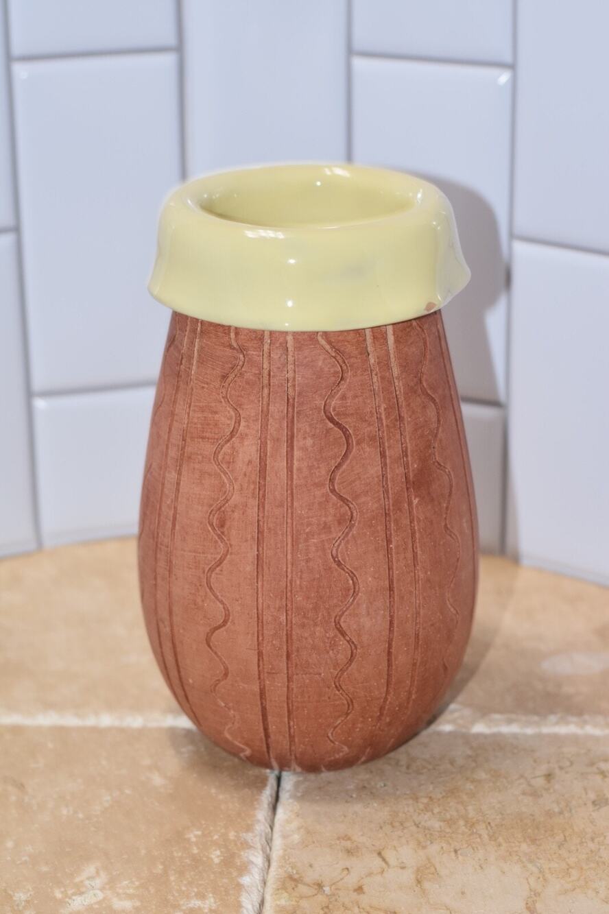 MCM Italian Handmade Studio Art Pottery Ceramic Glaze Rim Fold Vase Number 4028
